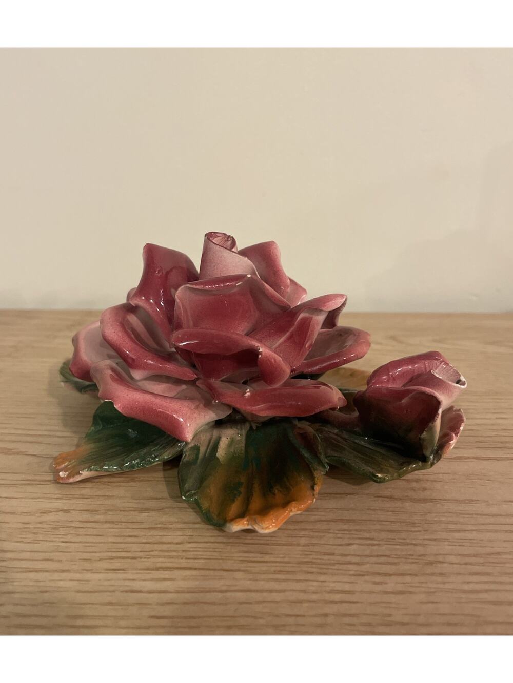 VTG 6” Capodimonte Style Single Pink Rose Porcelain Figurine Made In Italy READ